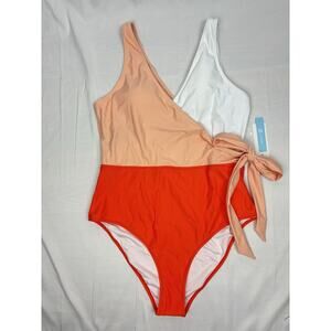 NEW CUPSHE Orange Peach White Color-Block Side Tie Bow One Piece Swimsuit XXL